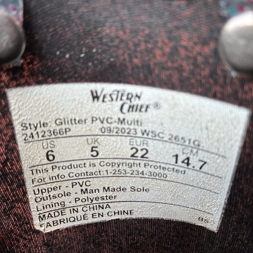 Western Chief Kids Rain Boots Black Silver Jelly Waterproof Glitter 6T EU22